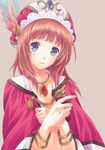  atelier_(series) atelier_rorona blue_eyes bracelet brown_hair capelet covering expressionless hat jewelry necklace pink_background rororina_fryxell short_hair solo upper_body yuuki_mitsuru 