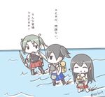  akagi_(kantai_collection) black_hair bow_(weapon) daijoubu_da_mondai_nai el_shaddai food green_hair hair_ribbon kaga_(kantai_collection) kantai_collection long_hair multiple_girls muneate ocean onigiri open_mouth rexlent ribbon short_hair skirt translated weapon zuikaku_(kantai_collection) 