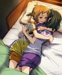  bed bed_sheet blush brown_eyes brown_hair bunk_bed commentary_request couple from_above heart hug jpeg_artifacts kohinata_miku looking_away lying multiple_girls mutual_hug off_shoulder on_side open_mouth pillow print_shirt raglan_sleeves senki_zesshou_symphogear shirt short_hair shorts sketch smile t-shirt tachibana_hibiki_(symphogear) tsuta_no_ha yuri 