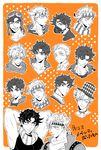  arms_up caesar_anthonio_zeppeli closed_eyes grin hat jojo_no_kimyou_na_bouken joseph_joestar_(young) kock_k monochrome multiple_boys multiple_persona orange_background simple_background smile upper_body 