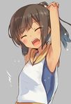  absurdres armpits arms_up bare_shoulders blush brown_hair closed_eyes dark_skin grey_background high_ponytail highres i-401_(kantai_collection) kantai_collection open_mouth ponytail ruma_imaginary sailor_collar school_swimsuit simple_background smile solo swimsuit swimsuit_under_clothes upper_body 