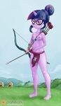  archer arrow bow bruised bruises clothed clothing equestria_girls eyewear friendship_is_magic glasses half-dressed horn human loincloth looking_at_viewer mammal medal my_little_pony nipples patreon smudge_proof solo topless twilight_sparkle_(mlp) 