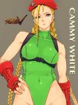  ahoge bad_id bad_pixiv_id beret blonde_hair blue_eyes braid breasts cammy_white character_name collarbone contrapposto copyright_name covered_navel elbow_gloves fingerless_gloves gloves green_leotard hand_on_hip harness hat highleg highleg_leotard huge_ahoge large_breasts leotard long_hair looking_at_viewer nose r_(waru) red_gloves scar skin_tight solo standing street_fighter street_fighter_v twin_braids very_long_hair 