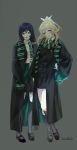  2girls :d absurdres artist_name ayase_eli black_footwear black_legwear black_robe black_shirt blue_eyes collared_shirt cosplay dark emblem full_body green_eyes green_neckwear green_scarf grey_background grin hair_over_shoulder hair_ribbon hand_on_hip harry_potter highres hogwarts_school_uniform holding holding_wand kneehighs long_hair looking_at_viewer love_live! love_live!_school_idol_project low-tied_long_hair mary_janes multiple_girls necktie open_mouth over-kneehighs pink_scrunchie ponytail ribbon scarf school_uniform scrunchie shirt shoes sidelocks simple_background smile striped striped_neckwear striped_scarf thighhighs toujou_nozomi wand white_ribbon white_shirt zawawa_(satoukibi1108) 