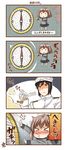  &gt;_&lt; 1girl 4koma admiral_(kantai_collection) black_hair brown_eyes brown_hair cha_(kantai_collection) closed_eyes comic compass gameplay_mechanics hair_ornament holding kantai_collection military military_uniform naval_uniform pepper_shaker rashinban_musume school_uniform serafuku short_hair sneezing translated trolling uniform utsurogi_angu 