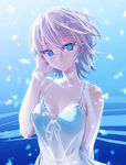  anastasia_(idolmaster) blue_background blue_bra blue_eyes bow bra breasts cleavage dress hand_in_hair idolmaster idolmaster_cinderella_girls looking_at_viewer medium_breasts silver_hair sleeveless sleeveless_dress smile solo underwear yahako 