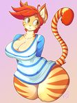  2015 anthro cat cleavage clothed clothing digital_media_(artwork) erect_nipples feline female green_eyes hair jaeh loree mammal nipples orange_hair purple_background shirt solo stripes tight_clothing 