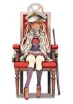  :3 black_legwear black_serafuku black_skirt blonde_hair blush chair full_body hair_flaps hair_ornament hairclip hat kantai_collection katana kneehighs loafers long_hair looking_at_viewer military military_uniform naval_uniform oversized_clothes peaked_cap red_eyes remodel_(kantai_collection) scarf school_uniform serafuku sheath sheathed shino_(eefy) shoes simple_background sitting skirt smile solo sword uniform weapon white_background yuudachi_(kantai_collection) 