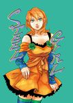  cowboy_shot detached_sleeves dress green_eyes jojo_no_kimyou_na_bouken lucy_steel orange_dress orange_hair solo steel_ball_run thighhighs yasuhito_(yasu_no_e) 