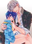  1girl blue_hair bottomless botttomless breasts fingerless_gloves gloves gradient gradient_background looking_at_viewer narukami_yuu nipples persona persona_4 shirogane_naoto shirt_only sitting_on_lap smile unbuttoned 