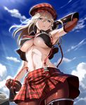  alisa_ilinichina_amiella armpits blonde_hair blue_eyes breasts cloud covered_nipples day elbow_gloves fingerless_gloves gloves god_eater god_eater_burst hat highres large_breasts long_hair looking_at_viewer midriff navel pantyhose skirt solo stomach suspender_skirt suspenders sweat taturouxs thighhighs underboob wet 