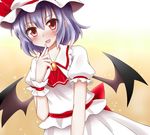  :d bat_wings dress finger_to_mouth hachimi hat mob_cap open_mouth puffy_short_sleeves puffy_sleeves purple_hair red_eyes remilia_scarlet short_hair short_sleeves smile solo touhou wings 