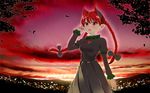  animal_ears bow braid cat_ears extra_ears hair_bow highres kaenbyou_rin long_hair no_tail open_mouth pointy_ears red_eyes red_hair solo sunset tail touhou twin_braids zuttokodomo 