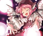  animal_ears blush closed_eyes danmaku dress glowing hat mystia_lorelei open_mouth outstretched_arms outstretched_hand pink_hair shinoasa short_hair smile solo touhou wings 