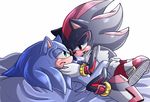  angelofhapiness bed blush chest_tuft clothing footwear fur green_eyes male open_mouth red_eyes shadow_the_hedgehog sonic_(series) sonic_the_hedgehog tears tuft 