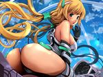  1girl angela_balzac ass bare_shoulders blonde_hair blush bodysuit breasts cockpit display elbow_gloves female from_behind gloves green_eyes headgear large_breasts leotard long_hair looking_at_viewer looking_back open_mouth rakuen_tsuihou shiny shiny_skin sideboob solo thong thong_leotard togusa_masamu twintails 