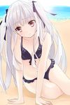  1girl absolute_duo beach bikini breasts long_hair looking_at_viewer navel purple_eyes silver_hair sitting small_breasts solo swimsuit underwear very_long_hair yurie_sigtuna 