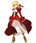  armored_boots blonde_hair boots breasts cleavage dress fate/extra fate_(series) full_body green_eyes highres medium_breasts nero_claudius_(fate) nero_claudius_(fate)_(all) official_art red_dress red_ribbon ribbon see-through solo takeuchi_takashi transparent_background 