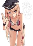  :d adapted_costume bad_id bad_twitter_id bikini_top bismarck_(kantai_collection) blonde_hair blue_eyes breasts cleavage cutoffs furukawa_wanosuke hat kantai_collection leaning_forward long_hair looking_at_viewer medium_breasts multiple_girls open_mouth peaked_cap prinz_eugen_(kantai_collection) short_shorts shorts simple_background smile solo_focus translation_request white_background wristband 