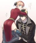  1boy 1girl black_hair black_jacket black_legwear black_pants blonde_hair blue_eyes china_dress chinese_clothes da_raku dress eyebrows_visible_through_hair eyes_closed gintama hair_bun hijikata_toushirou jacket kagura_(gintama) leaning_forward long_sleeves looking_back open_clothes open_jacket pants pantyhose pantyhose_pull pulled_by_another red_dress short_hair 