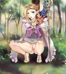  1girl anus artist_request bare_legs blonde_hair cape clitoris dress earrings elf female forest green_eyes highres jewelry koori_no long_hair looking_at_viewer mystical_fairy_elfuria nature peeing pointy_ears pussy skirt_lift solo squatting staff tiara uncensored yu-gi-oh! 