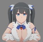  1boy 1girl bar_censor bare_shoulders black_hair blue_eyes blue_ribbon breasts censored cleavage cleavage_cutout clothing_cutout commentary dress dungeon_ni_deai_wo_motomeru_no_wa_machigatteiru_darou_ka gloves hair_ornament hestia_(danmachi) hetero highres large_breasts long_hair naozuri paizuri penis pov rei_no_himo ribbon smile solo_focus twintails white_dress white_gloves 