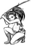  &gt;:( 774_(nanashi) blush boku_no_hero_academia boots breasts frown full_body greyscale holding holding_sword holding_weapon katana large_breasts long_hair looking_at_viewer monochrome nipples one_knee ponytail shiny shiny_skin simple_background sketch solo sweat sword torn_clothes v-shaped_eyebrows weapon white_background yaoyorozu_momo 