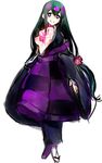  774_(nanashi) black_hair breasts choker collarbone corruption flower grin hair_flower hair_ornament heart highres katanagatari kesa long_hair low-tied_long_hair multicolored_hair nipples open_clothes open_mouth pink_hair purple_eyes simple_background small_breasts smile solo two-tone_hair very_long_hair white_background yasuri_nanami 