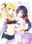  alternate_costume armpits ayase_eli bikini blonde_hair blue_eyes breasts bunching_hair commentary_request cutoffs diagonal_stripes flower green_eyes group_name hair_flower hair_ornament hibiscus long_hair looking_at_viewer looking_back love_live! love_live!_school_idol_project medium_breasts multiple_girls navel parted_lips polka_dot polka_dot_bikini polka_dot_scrunchie polka_dot_swimsuit ponytail purple_hair rimo scrunchie short_shorts shorts side-tie_bikini small_breasts sparkle striped striped_background swimsuit thong thong_bikini toujou_nozomi twintails wrist_scrunchie 