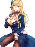  atago_(kantai_collection) beret black_bra blonde_hair bra breasts cleavage eyelashes green_eyes hat highres kantai_collection large_breasts lips long_hair long_sleeves looking_at_viewer military military_uniform nose pantyhose ringovalent simple_background solo underwear uniform white_background 