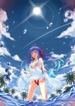  :d absurdres ahoge aqua_eyes aqua_hair bangs bikini blue_hair blue_sky blunt_bangs blush breasts cleavage cloud collarbone condensation_trail day dress fisheye floating_hair frilled_dress frills from_below gradient_hair hair_ribbon hasaya highres large_breasts long_hair multicolored_hair navel open_mouth original outdoors palm_tree purple_hair red_bikini red_ribbon ribbon see-through skirt_hold sky sleeveless sleeveless_dress smile solo standing sun sundress sunlight swimsuit teeth tree twintails wading water_drop white_dress 