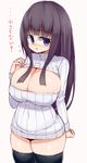  belly black_hair black_legwear blush breasts bursting_breasts d: highres large_breasts long_hair looking_at_viewer meme_attire navel open-chest_sweater open_mouth original plump purple_eyes ribbed_sweater sasakawa_momen sawati solo sweater thick_thighs thighhighs thighs 