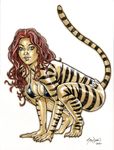  5_toes anthro bikini black_fur black_stripes claws clothed clothing crouching curly_hair feline fur green_eyes hair humanoid john_stinsman long_hair looking_at_viewer mammal marvel orange_fur paws red_hair simple_background solo stripes swimsuit tiger tigra toe_claws toes white_background 