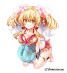  anklet bad_id bad_tumblr_id ball barefoot beachball bikini blonde_hair bracer breasts cleavage floral_print flower full_body hair_flower hair_ornament hizuki_akira jewelry large_breasts looking_at_viewer official_art sangoku_infinity simple_background solo swimsuit thigh_strap twintails white_background yellow_eyes 