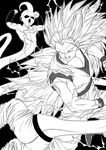  antennae dragon_ball dragon_ball_z flexing greyscale hisshamaru long_hair majin_buu monochrome multiple_boys no_eyebrows open_mouth pose son_gokuu spiked_hair stretch super_saiyan super_saiyan_3 very_long_hair 