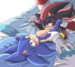  angelofhapiness bed blush chest_tuft clothing cum footwear fur gloves green_eyes male oral red_eyes shadow_the_hedgehog shoes sonic_(series) sonic_the_hedgehog tuft 