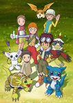  3boys armadimon backpack bag belt blonde_hair blue_eyes blue_shirt brown_eyes brown_hair brown_shorts claws creature digimon digimon_adventure_02 elbow_gloves flame_print glasses gloves goggles goggles_on_head green_backpack green_eyes hat hawkmon helmet hida_iori highres horn inoue_miyako key_visual long_hair looking_at_viewer motomiya_daisuke multiple_boys multiple_girls nakatsuru_katsuyoshi official_art pants patamon pink_gloves pink_shirt print_gloves purple_hair red_eyes red_pants shirt short_hair shorts smile spiked_hair tailmon takaishi_takeru teeth tongue v-mon white_gloves white_hat wings yagami_hikari yellow_gloves yellow_shorts 