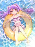  afloat bad_feet bare_legs bikini breasts cleavage collarbone feet frilled_bikini frills from_above hair_ornament highres innertube long_hair looking_at_viewer partially_submerged pikomarie purple_hair puzzle_&amp;_dragons red_eyes small_breasts solo swimsuit twintails water yomi_(p&amp;d) 