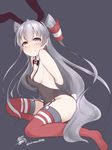  adapted_costume alternate_costume amatsukaze_(kantai_collection) arms_behind_back ayakabu bare_shoulders blush breasts brown_eyes bunnysuit embarrassed full_body garter_straps grey_background hair_tubes highres kantai_collection long_hair looking_at_viewer looking_to_the_side sideboob silver_hair simple_background small_breasts solo thighhighs twitter_username two_side_up very_long_hair 