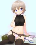  bare_shoulders black_legwear blue_eyes blush breasts brown_hair commentary_request gakkou_gurashi! garter_belt kaisen_chuui looking_at_viewer naoki_miki navel open_mouth panties school_uniform short_hair sitting small_breasts solo thighhighs turtleneck underwear white_panties 