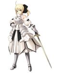  ahoge armor armored_dress artoria_pendragon_(all) black_ribbon blonde_hair dress fate/stay_night fate/unlimited_codes fate_(series) full_body gauntlets green_eyes highres holding holding_sword holding_weapon looking_at_viewer official_art ribbon saber saber_lily solo sword takeuchi_takashi transparent_background weapon white_dress 