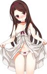  ass_visible_through_thighs bad_id bad_twitter_id blush breasts brown_hair cameltoe choker dress dress_lift hairband highres idolmaster idolmaster_(classic) kuro_(kuronell) long_hair looking_at_viewer minase_iori navel purple_eyes simple_background small_breasts solo strap_slip tears white_background white_legwear 