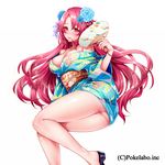  bad_id bad_tumblr_id blush breasts cleavage flower hair_flower hair_ornament hizuki_akira japanese_clothes kimono large_breasts long_hair looking_at_viewer obi pink_eyes pink_hair sangoku_infinity sash simple_background solo white_background 