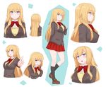  1girl black_legwear blonde_hair blue_eyes blush breast_hold breasts commentary_request expressions fang from_behind hair_between_eyes index_finger_raised long_hair mori_yoshihara_(naozuri) multiple_views naozuri open_mouth original profile reference_sheet school_uniform socks sweatdrop 