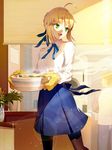  1girl :d ahoge artoria_pendragon_(all) bangs black_legwear blonde_hair blue_neckwear blue_ribbon blue_skirt blush bowl braid breasts brown_hair carrying counter emiya_shirou fate/stay_night fate_(series) flower food green_eyes hair_ribbon holding indoors kamaboko kitchen lens_flare light_particles long_sleeves looking_away looking_to_the_side medium_breasts narutomaki neck_ribbon open_mouth oven_mitts pants pantyhose plant pleated_skirt potted_plant raglan_sleeves ribbon saber shirt short_hair skirt smile solo_focus soup sparkle steam sunlight vase vmax-ver white_shirt wing_collar 