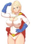  1girl blonde_hair blue_eyes bodysuit breasts cape cleavage dc_comics hakai_shin huge_breasts impossible_clothes impossible_shirt looking_at_viewer power_girl shirt short_hair simple_background solo thick_thighs thighs wide_hips 