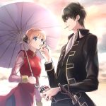  1boy 1girl black_hair black_jacket black_pants blonde_hair blue_eyes china_dress chinese_clothes da_raku double_bun dress gintama hijikata_toushirou holding holding_umbrella jacket kagura_(gintama) long_sleeves military military_uniform open_clothes open_jacket oriental_umbrella outdoors pants pink_shirt purple_umbrella red_dress sheath sheathed shirt short_hair sidelocks sleeveless sleeveless_dress standing sword umbrella uniform weapon white_neckwear 