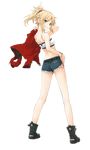  bandeau blonde_hair bra breasts denim denim_shorts fate/apocrypha fate_(series) from_behind full_body green_eyes highres konoe_ototsugu looking_at_viewer mordred_(fate) mordred_(fate)_(all) official_art short_shorts shorts small_breasts smile solo strapless transparent_background underwear white_bra 