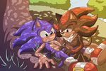  angelofhapiness blush chest_tuft clothing cum footwear fur green_eyes male outside penis red_eyes shadow_the_hedgehog shoes sonic_(series) sonic_the_hedgehog tree tuft 