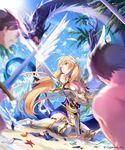  2boys angel_wings arm_support armor bangs beach blonde_hair blue_sky blurry breasts cleavage clenched_teeth comet_(teamon) company_name day depth_of_field dragon feathers gauntlets greaves large_breasts long_hair multiple_boys official_art one_eye_closed outdoors palm_tree pauldrons sand shingeki_no_bahamut short_hair sitting sky solo_focus starfish sword teeth thighhighs torn_clothes tree water weapon wings 